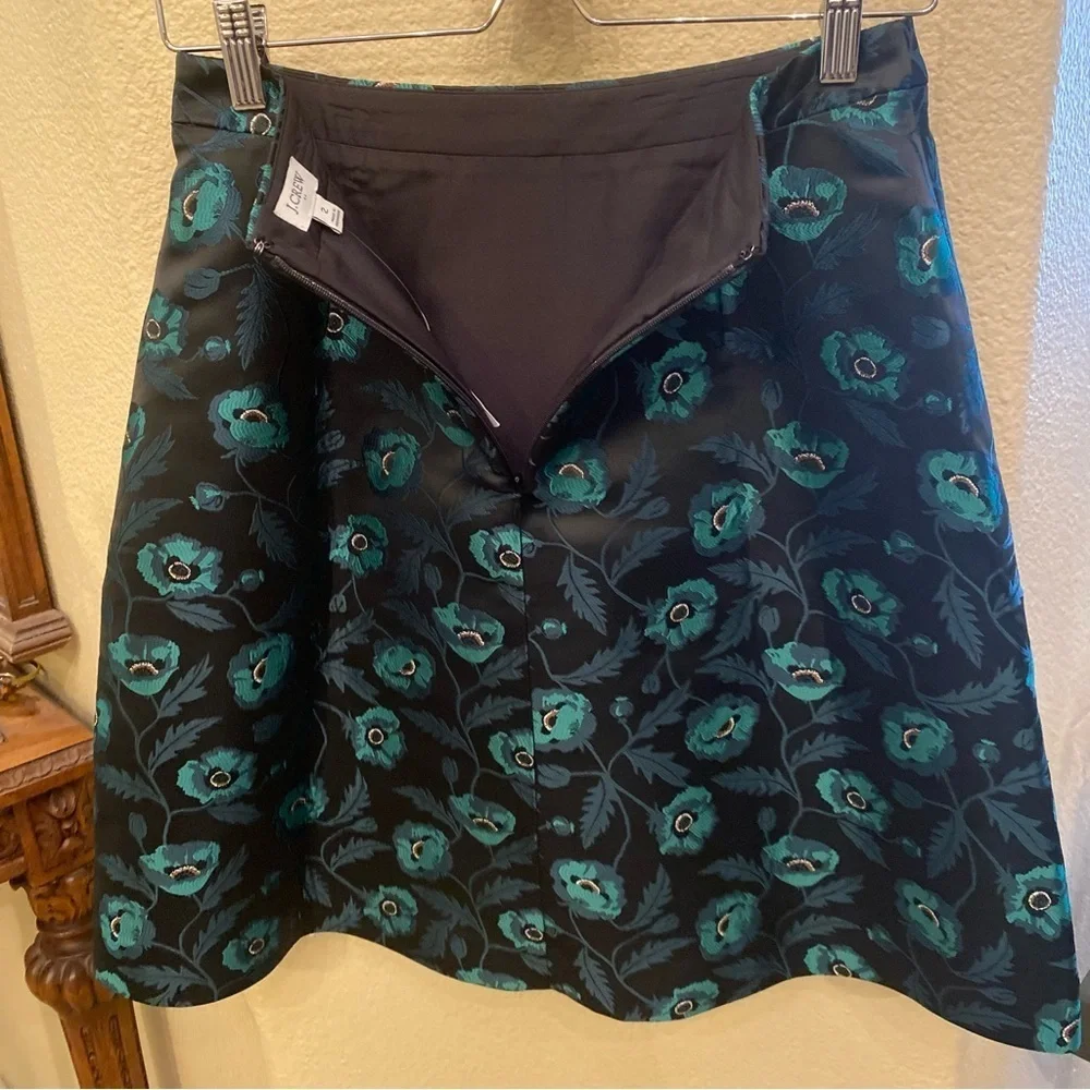 NWT~J. CREW Women Green Black Floral Jacquard A-Line Skirt Size 2